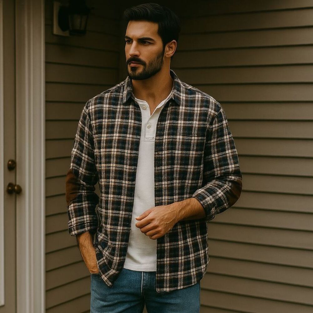 J Crew Mercantile Flex Shirt XL Gray Plaid Flannel Elbow Patch Button Workwear